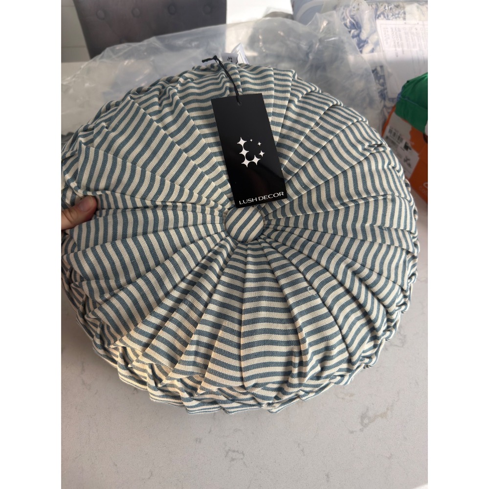 Lush Decor Farmhouse Ticking Stripe Blue Round Pleated 14 inch Throw Pillow NEW